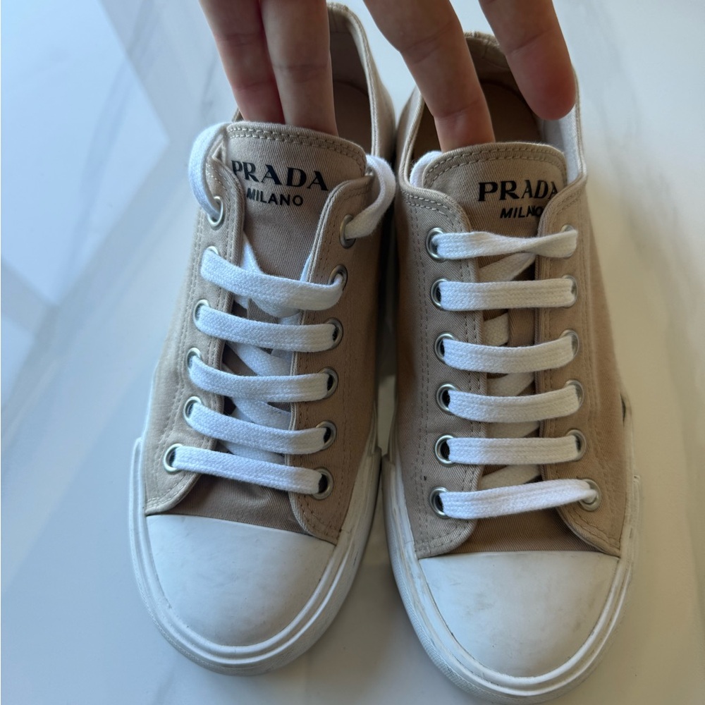 Prada Tan Canvas Sneakers with White Accents